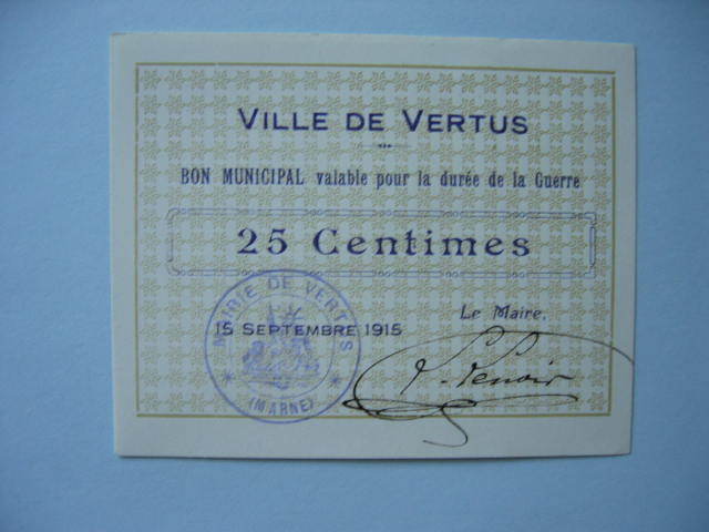 VILLE DE VERTUS 25 CENTIMES NEUF DU 15/09/1915 - Notgeld