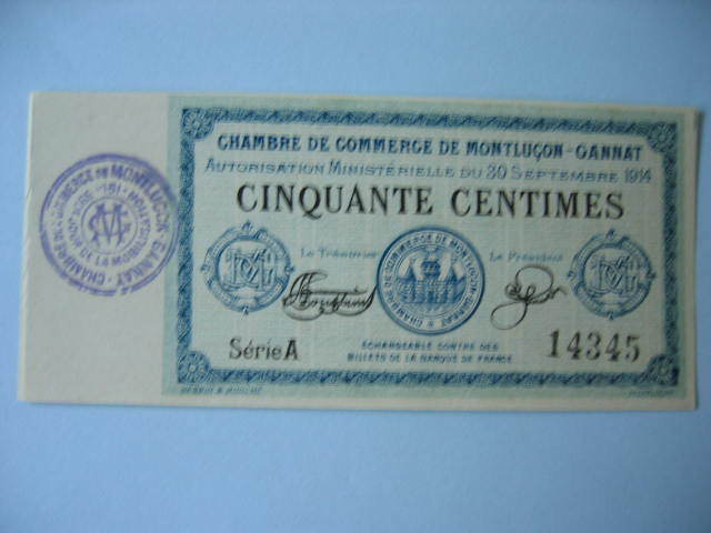 MONTLUCON GANNAT 0.50 CT DU 30/09/1914 REF PIROT N°7 CACHET VIOLET TRES RARE NEUF - Handelskammer