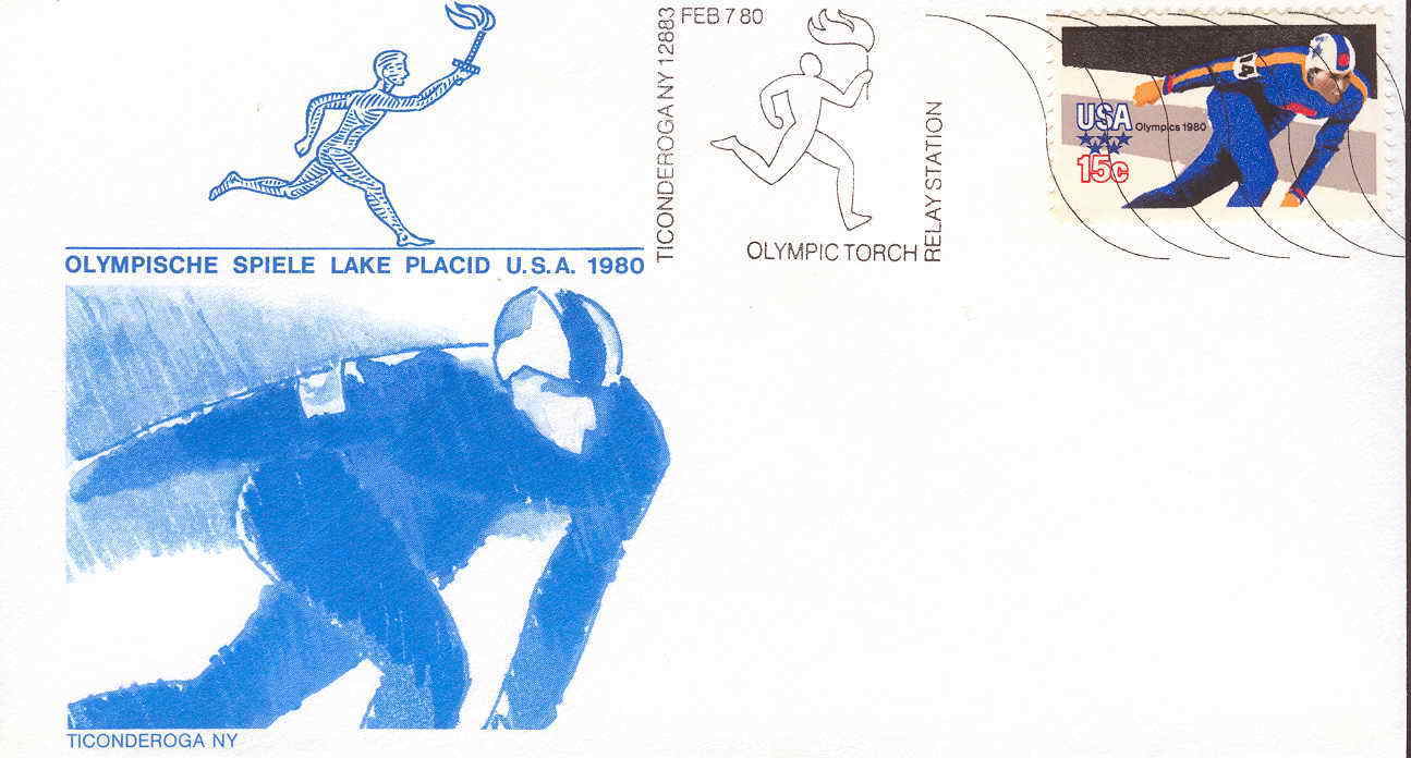 PATINAGE DE VITESSE USA OBLITERATION TEMPORAIRE JEUX OLYMPIQUES DE 1980 PARCOURS DE LA FLAMME OLYMPIQUE TICONDEROGA - Hiver