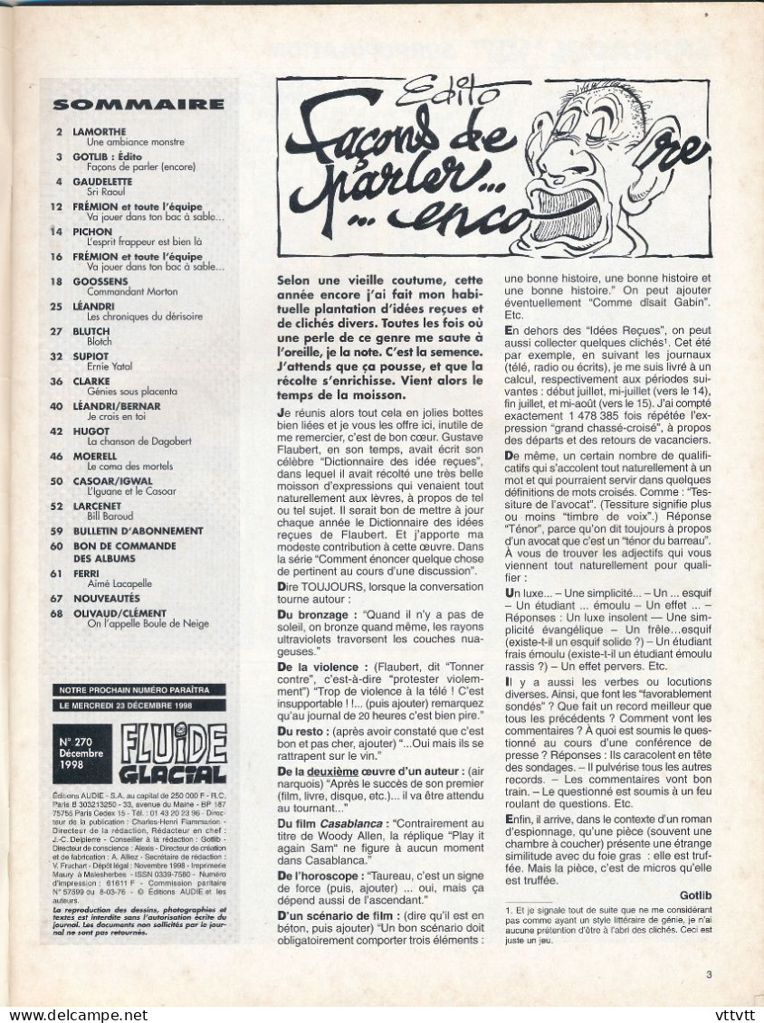 Fluide Glacial, N° 270, Décembre 1998. Sommaire : Voir Scan. - Fluide Glacial