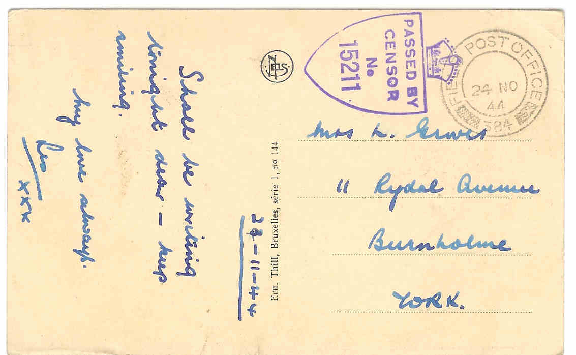 CPA BRUXELLES Oblitéré FIELD POST OFFICE 384 Le 24/11/1944 Pour BURNHOLME YORK + Passed By Censor N° 15211 - Marcofilie