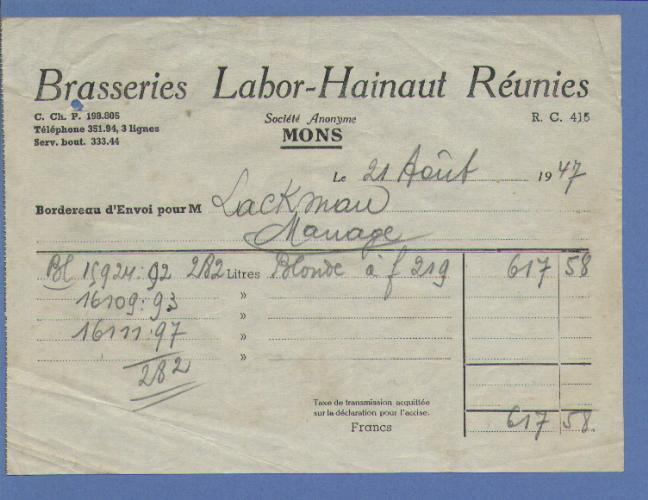 BRASSERIE LABOR-HAINAUT  REUNIES  MONS  1947  (F460) - Autres & Non Classés