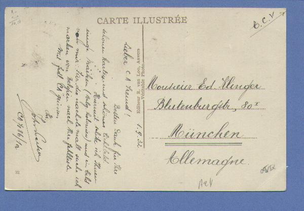 190+344+LP1 Op Kaart Met Cirkelstempel ANTWERPEN Op 1/9/1932 Naar Munchen (Duitsland) - 1922-1927 Houyoux