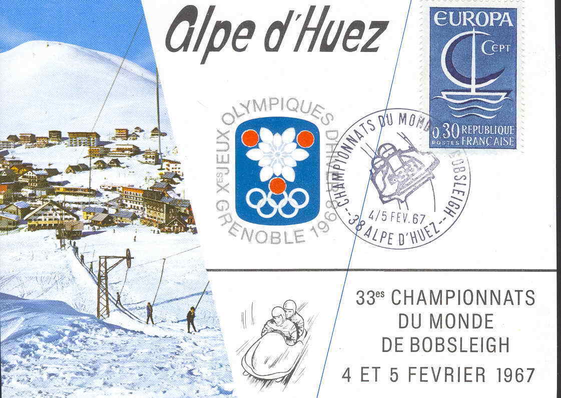 JEUX OLYMPIQUES DE GRENOBLE  CARTE SOUVENIR + OBLITERATION CONCORDANTE CHAMPIONNATS DU MONDE DE BOBSLEIGH ALPE D HUEZ - Winter 1968: Grenoble