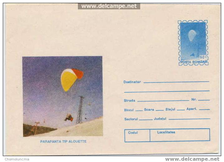 Roumanie Enveloppe Prépayée Entier Postal Parapente Parachutisme Parapentiste Fallschirm Paracaídas Paracadute - Parachutisme