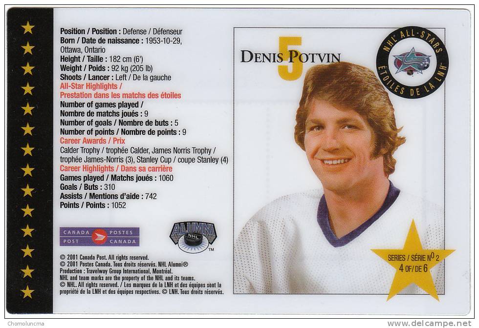 Canada Hockey Sur Glace Eishockey NHL All Stars Etoiles De La LNH Joueur Player Denis Potvin - Hockey (sur Glace)