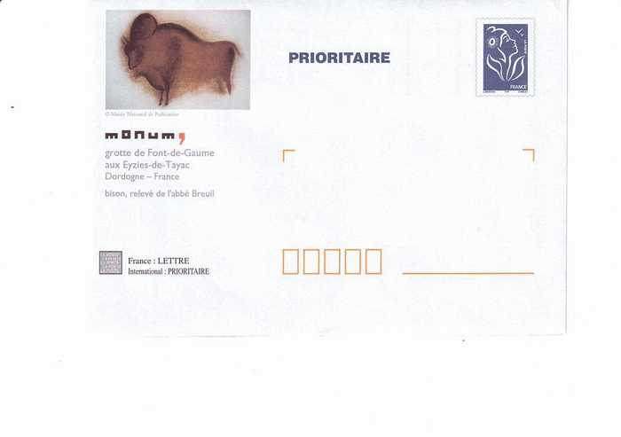 PAP PRIORITAIRE TSC GROTTE DE FONT DE GAUME (DORDOGNE) Timbre LAMOUCHE BLEU Format CARRE Thème PREHISTOIRE - Prêts-à-poster:Stamped On Demand & Semi-official Overprinting (1995-...)