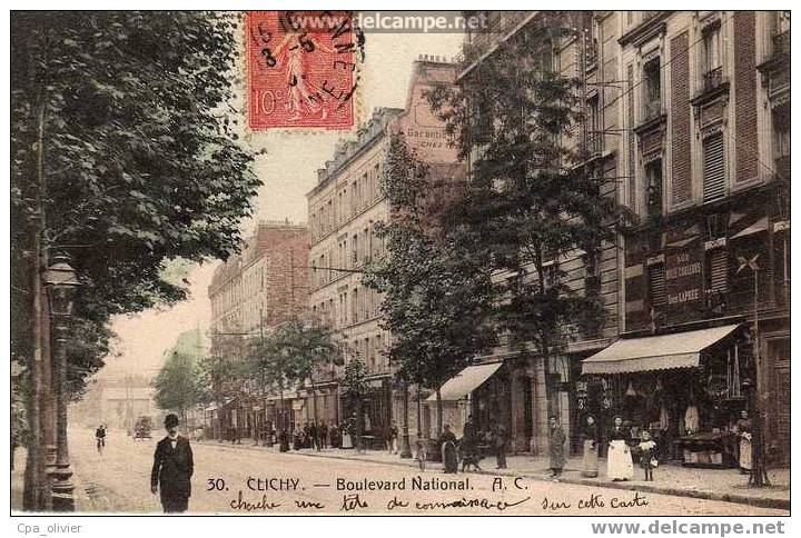 92 CLICHY Boulevard National, Animée, Commerces, Ed AC 30, 1907 - Clichy