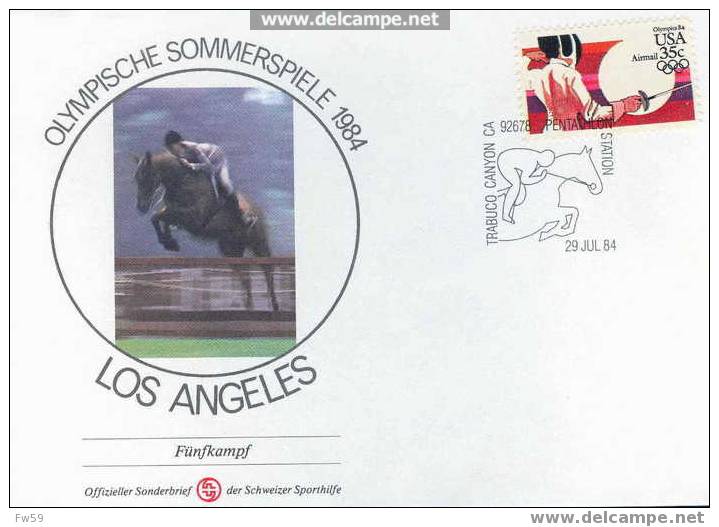 JEUX OLYMPIQUES DE LOS ANGELES OBLITERATION TEMPORAIRE HIPPISME+ ENVELOPPE CONCORDANTE - Ippica