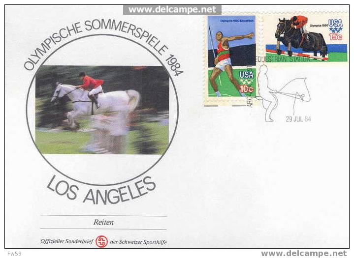 JEUX OLYMPIQUES DE LOS ANGELES OBLITERATION TEMPORAIRE HIPPISME + ENVELOPPE CONCORDANTE - Reitsport