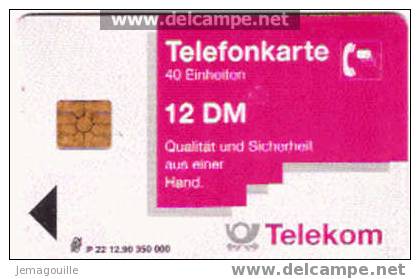 TELECARTE ALLEMANDE - TELEKOM P22 - 12/1990 12DM - Lots - Collections