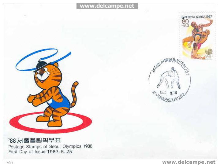 JEUX OLYMPIQUES DE SEOUL1988 FDC COREE AVEC MASCOTTE CHAT LUTTE - Sommer 1988: Seoul