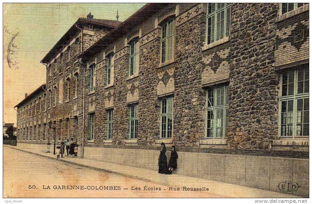 92 LA GARENNE COLOMBES Ecoles, Rue Rousselle, Animée, Carte Toilée, Colorisée, Ed ELD 50, 1907 - La Garenne Colombes