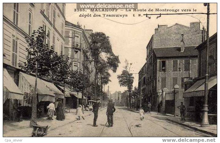 92 MALAKOFF Route De Montrouge Vers Le Dépot De Tramways, Animée, Commerces, Ed EM 3265, 191? - Malakoff