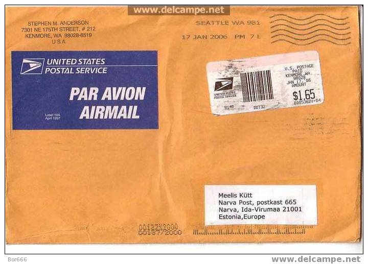 GOOD POSTAL COVER : USA ( Kenmore WA ) - ESTONIA 2006 - Postage Paid 1,65$ - Storia Postale