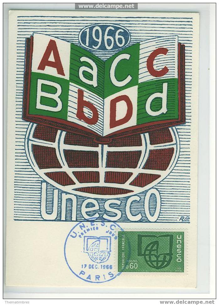 CM0035 Unesco Alphabetisation Livre Service 38 France 1966 Carte MAXIMUM FDC Premier Jour - UNESCO