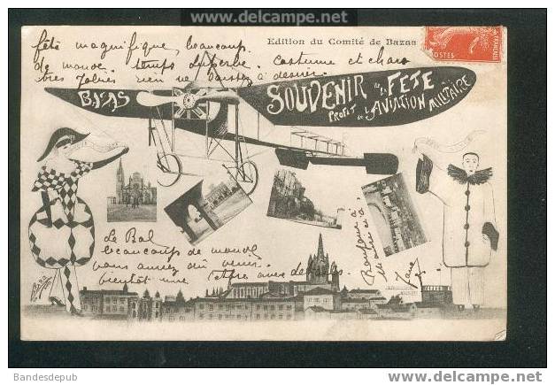 Bazas - Souvenir De La Fête Au Profit De L'Aviation Militaire (multi Vues, Avion, Pierrot, Arlequin Dessins De  Cadars) - Bazas