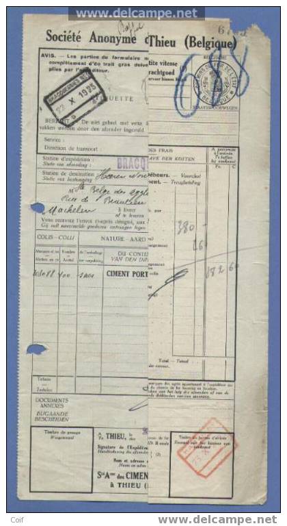 Vrachtbrief / Lettre De Voiture  Met Stempel BRACQUEGNIES Op 22/10/1925   Naar HAREN - Andere & Zonder Classificatie