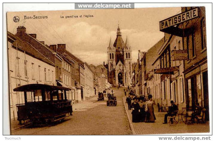 2070 - BONSECOURS -  Grand' Rue Et L' Eglise " Tram" "voitures" - Péruwelz