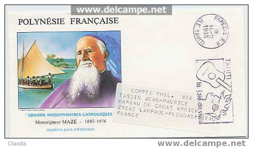 EV 1er Jour (Grands Missionnaires Catholiques - Mgr MAZE ) 14/11/1988 (1516) - Tahití