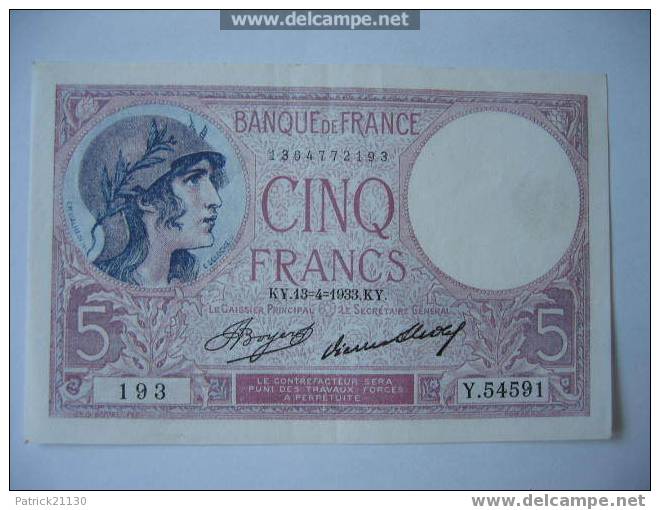 BILLET DE 5F VIOLET  DU 13/04/1933 SPL+ FAYETTE 3/17 - 5 F 1917-1940 ''Violet''