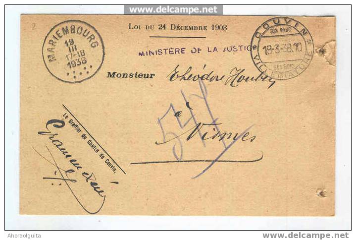 Carte De Service En Franchise COUVIN à MARIEMBOURG  1938  --  3/824 - Franquicia