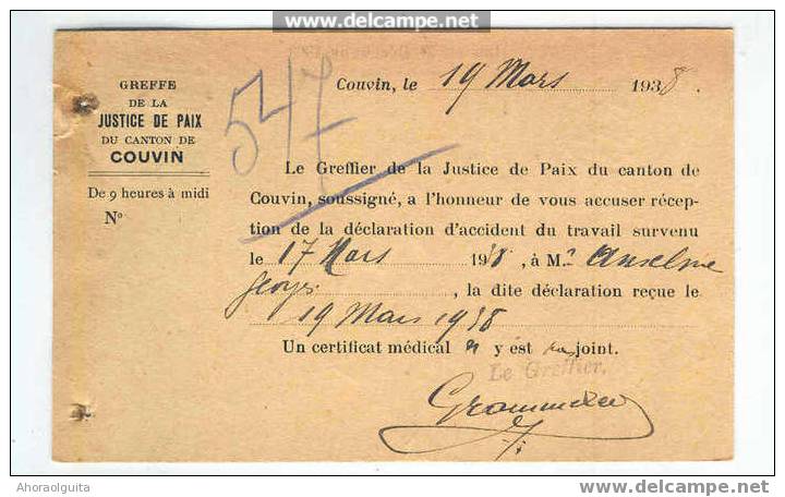 Carte De Service En Franchise COUVIN à MARIEMBOURG  1938  --  3/824 - Franquicia