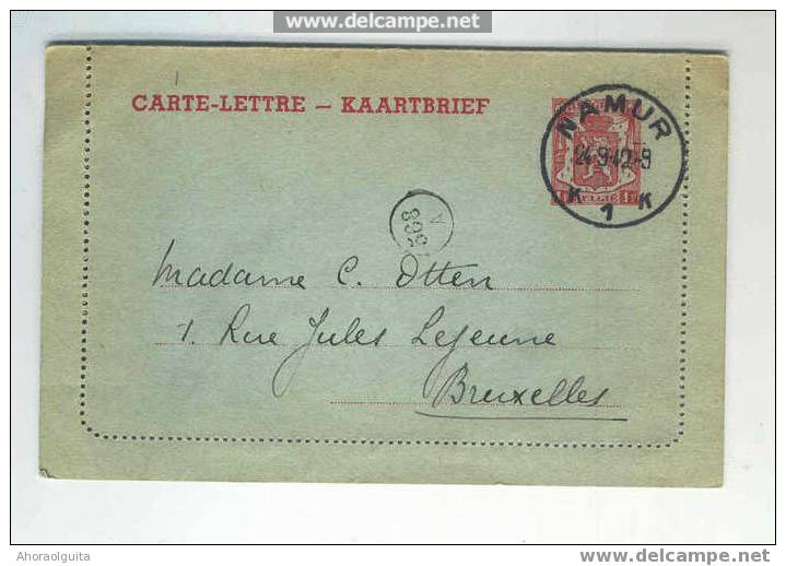 Carte-Lettre Avec Bords 1 F Rouge Sur Vert D´Eau NAMUR 1942 Vers BXL --  3/867 - Kartenbriefe