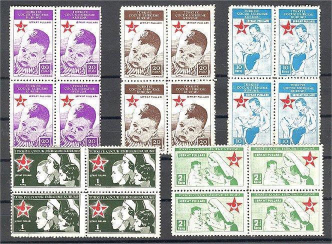 TURKEY, POSTAL TAX STAMPS 1942 - NEVER HINGED BLOCKS OF 4 **! - Charity Stamps