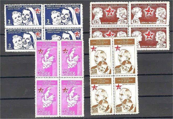 TURKEY, POSTAL TAX STAMPS 1942 - NEVER HINGED BLOCKS OF 4 **! - Charity Stamps