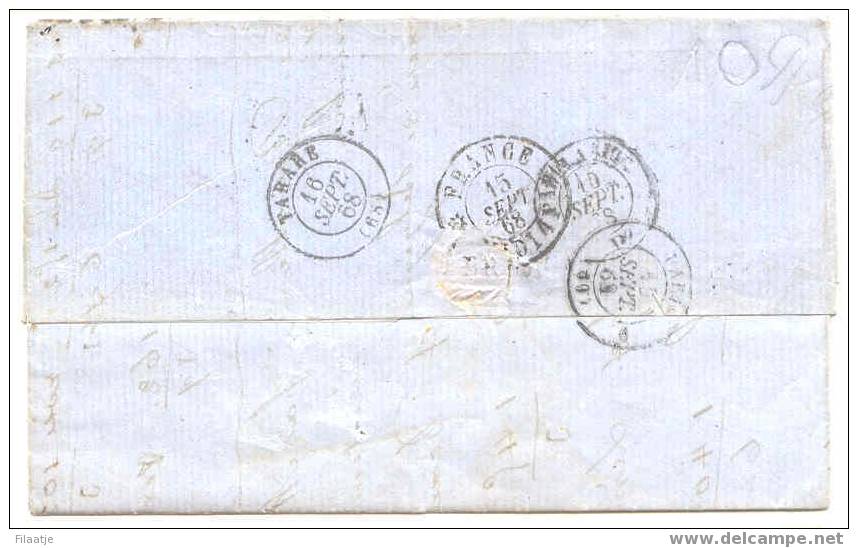 Brief Naar Tarare Met Diverse Afstempeligen Oa Belg Amb Ets - 1865-1866 Profil Gauche