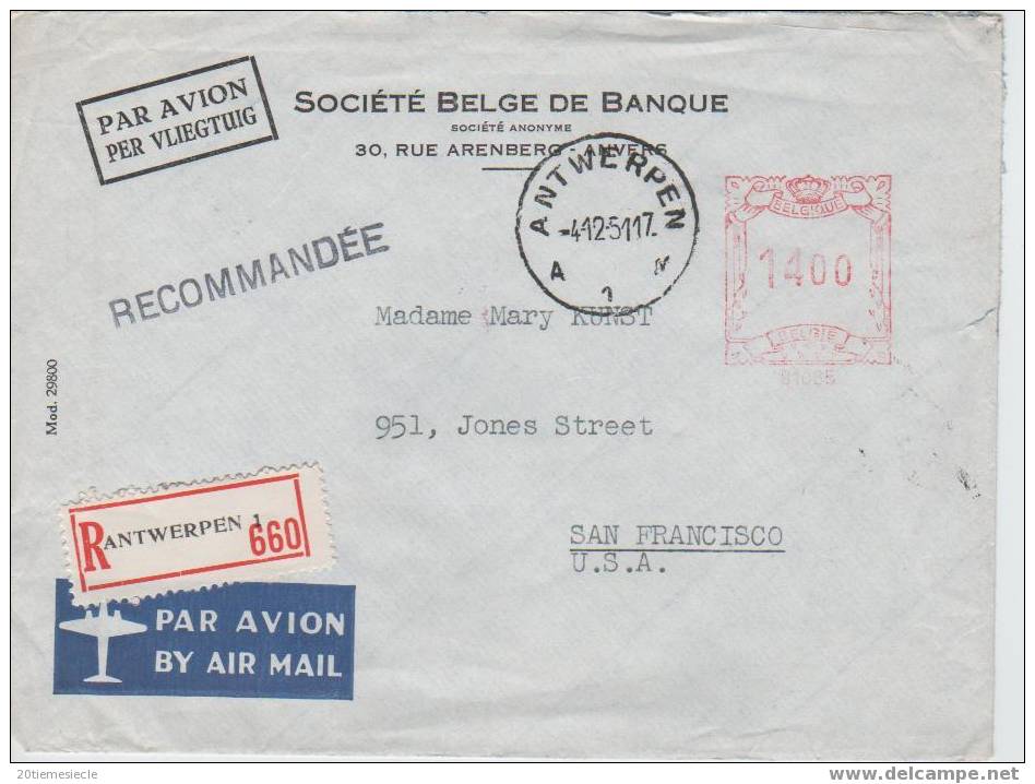 Belgique-Belgie Antwerpen/Anvers étiq.recom. Affranchissement Mécanique 1951 PA V.San Francisco (USA) 591 - Lettres & Documents