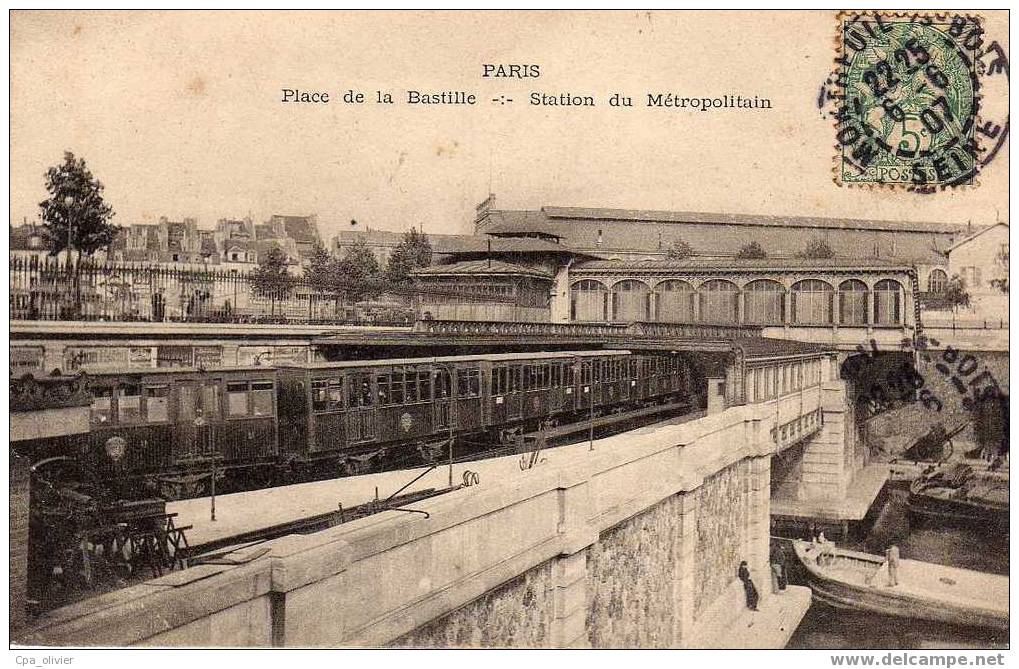 75 PARIS XII Place De La Bastille, Station Du Métropolitain, Train, Beau Plan, Ed ?, 1907 - Arrondissement: 12