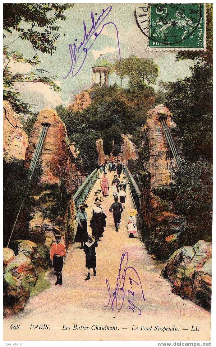 75 PARIS XIX Buttes Chaumont, Pont Suspendu, Animée, Colorisée, Ed LL 488, 1909 - Arrondissement: 19