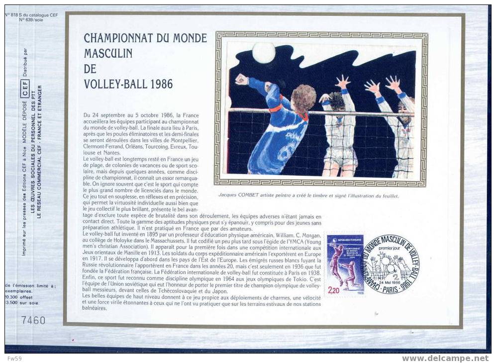 VOLLEY BALL 1986  DOCUMENT PHILATELIQUE FRANCE CHAMPIONNATS DU MONDE DE VOLLEY BALL - Volley-Ball