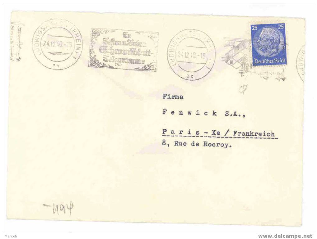 A51 Lettre D'Allemagne Ludwigshafen Pour France Censure Allemande (24-12-1940) - Briefe U. Dokumente