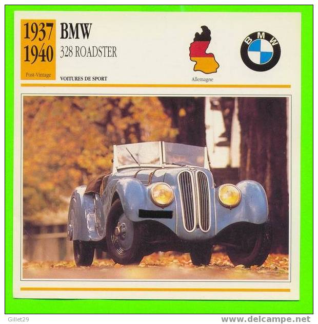 BMW, 1937 328 ROADSTER -  VOITURE DE SPORT - FICHE COMPLÈTE DE LA VOITURE À L´ENDOS - - Autos