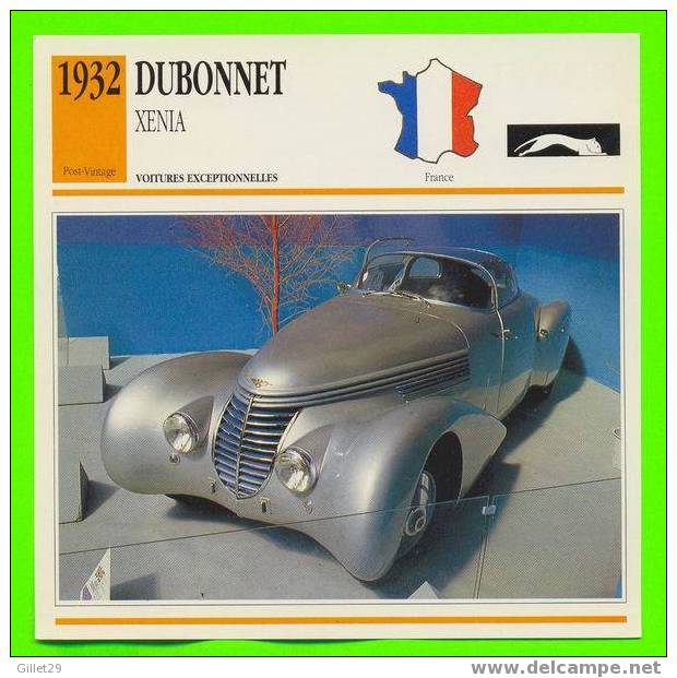 DUBONNET, 1932 XENIA - VOITURE EXCEPTIONNELLE - FICHE COMPLÈTE DE LA VOITURE À L´ENDOS - - Autos