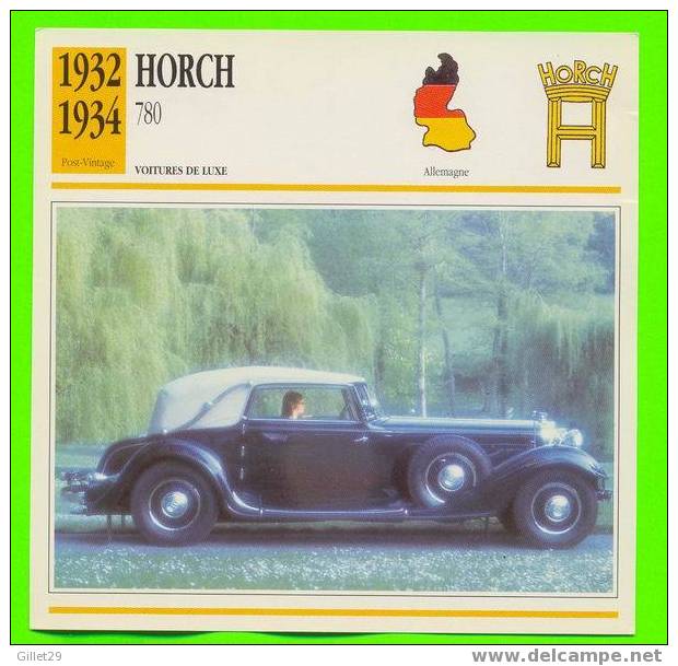 HORCH, 1932 780 8CYL - VOITURE DE LUXE - FICHE COMPLÈTE DE LA VOITURE À L´ENDOS DE LA CARTE - - Voitures