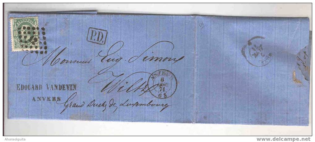 Lettre No 30 ANVERS 1871 Vers LUXEMBOURG - ERREUR Tarif FRONTALIER(10 C) Au Lieu De PREFERENTIEL(20 C) - RARE  --  3/983 - 1869-1883 Leopoldo II