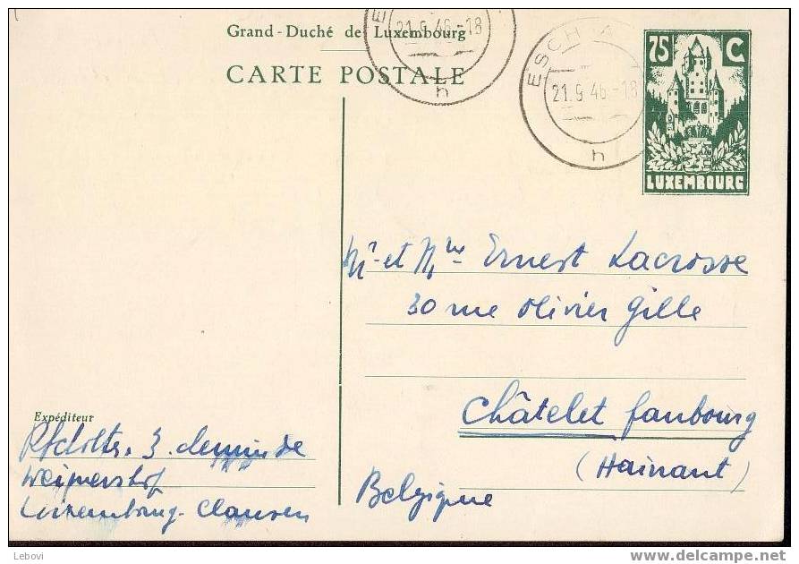LUXEMBOURG Carte Postale Pré-imprimée(1946) - Stamped Stationery