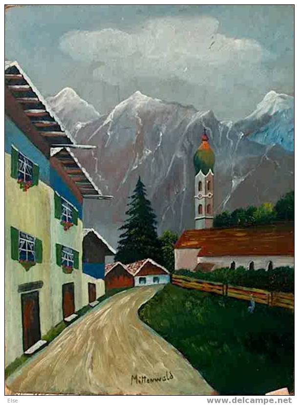 MITTENWALD  -  VILLAGE ALLEMAND  -   HUILE SUR PANNEAU  -  ANNEE 1950/60  -  PAS DE SIGNATURE - Oelbilder