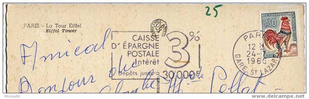 Flamme--Caisse D´Epargne Postale Intérêt 3%--1960-sur Carte Postale Paris TOUR EIFFEL-oiseau--coq - Poste