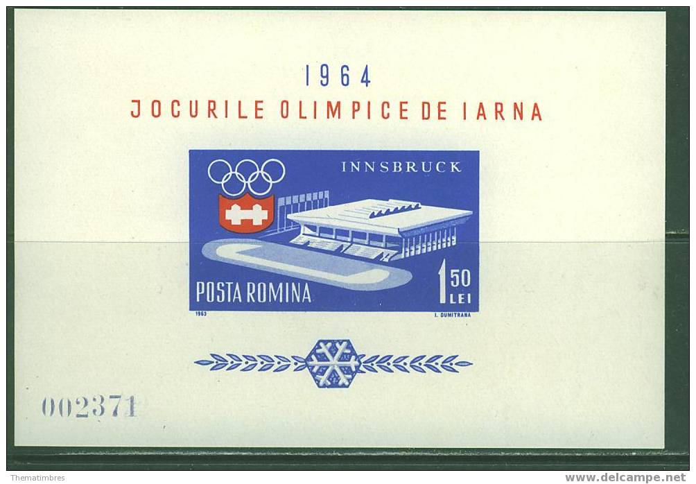 164N0055 Patinoire Et Stade Bloc 56 Roumanie 1964 Neuf ** Jeux Olympiques D Innsbruck - Invierno 1964: Innsbruck