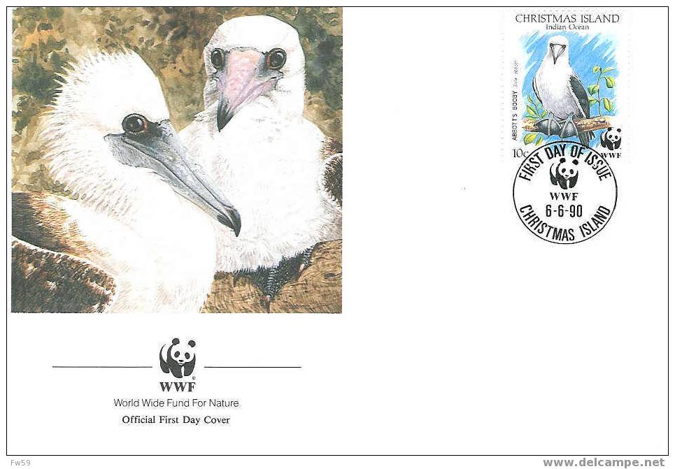 OISEAU ABBOTT BOOBY  ENVELOPPE PREMIER JOUR WWF CHRISTMAS ISLAND 1990 DIFFERENT - Seagulls