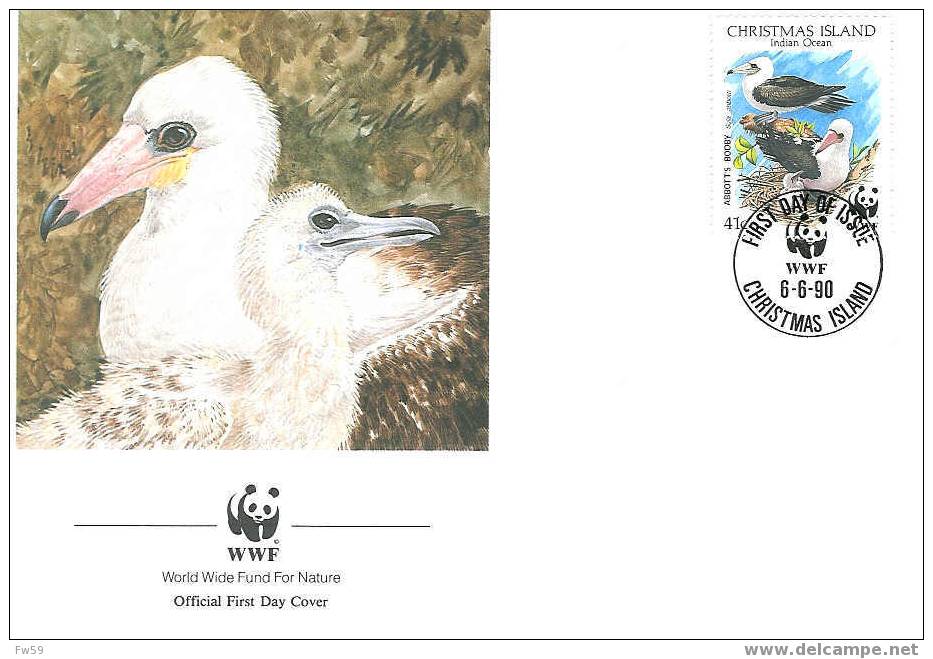 OISEAU ABBOTT BOOBY  ENVELOPPE PREMIER JOUR WWF CHRISTMAS ISLAND 1990 DIFFERENT 2 - Seagulls
