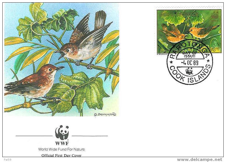 OISEAU MUSCIVORE DES ILES COOK ENVELOPPE PREMIER JOUR WWF COOK ISLAND 1989 - Papegaaien, Parkieten