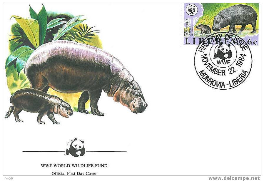 MAMMIFERES HIPPOPOTAME PYGMES ET GEANTS ENVELOPPE PREMIER JOUR WWF LIBERIA 1984 - Rhinocéros