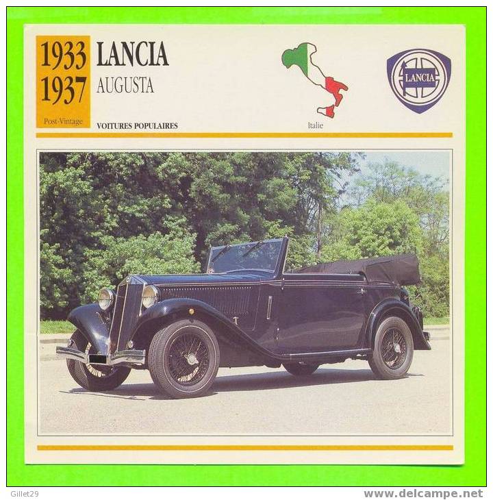 LANCIA, 1933 AUGUSTA V4 - VOITURE POPULAIRE - FICHE COMPLÈTE DE LA VOITURE À L´ENDOS DE LA CARTE - - Auto's