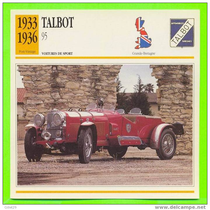 TALBOT, 1933 95 6 CYL.- Voiture De Sport - FICHE COMPLÈTE DE LA VOITURE À L´ENDOS DE LA CARTE - - Voitures
